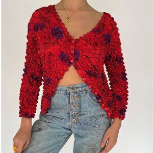 90s Y2K vintage red floral print stretchy textured popcorn top blouse cardigan